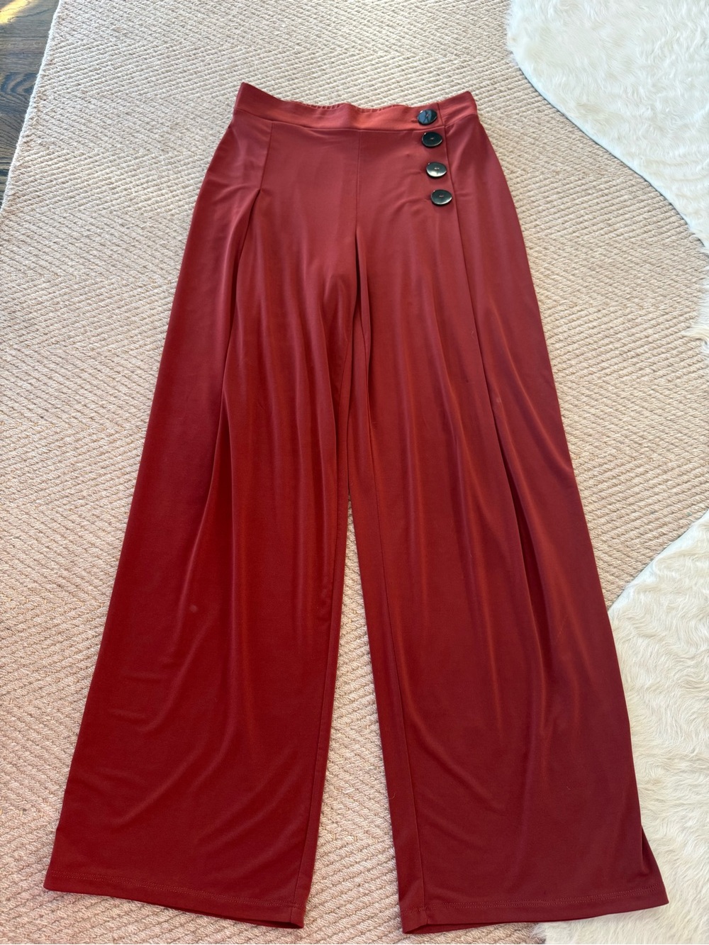 Susan Graver Wide-Leg High-Waist Pants in Rust with Button Detail